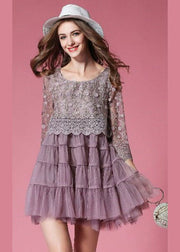 Purple Tulle Dress Hollow Out Embroidered Patchwork Spring