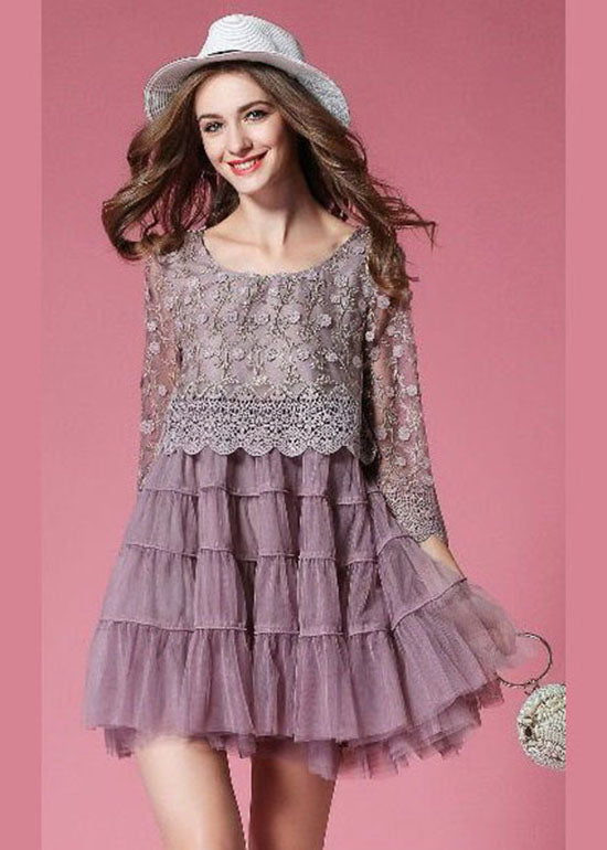 Purple Tulle Dress Hollow Out Embroidered Patchwork Spring