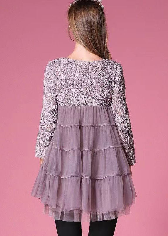 Purple Tulle Dress Hollow Out Embroidered Patchwork Spring