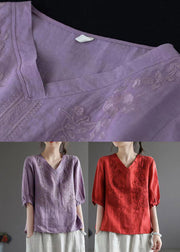 Purple V Neck Floral Embroidered T Shirt Half Sleeve