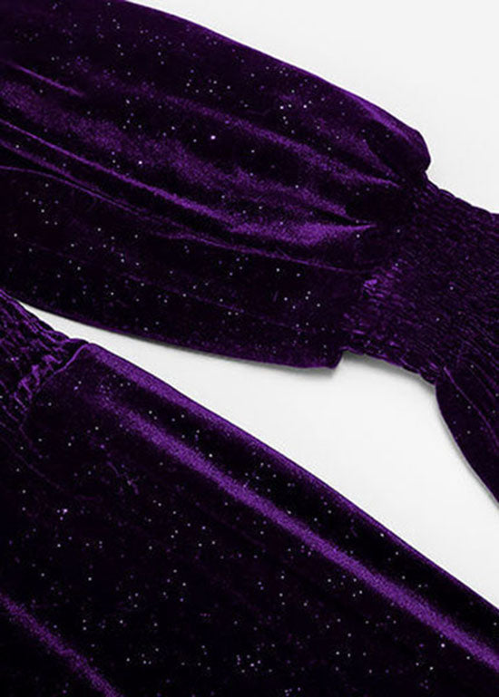 Purple Velour Long Dresses Sequins Ruffled Spring