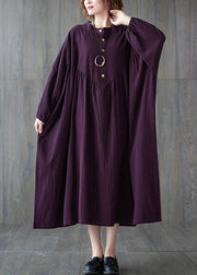 Purple wrinkled Cotton Casual Dresses Long Sleeve