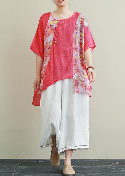 Ramie red printed short-sleeved suit large size cotton and linen wide-leg pants two-piece suit - bagstylebliss