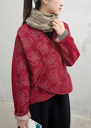 Red Button Patchwork Woolen Coats V Neck Long Sleeve