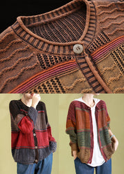 Red Casual Patchwork Knit Cardigan O Neck Button Spring