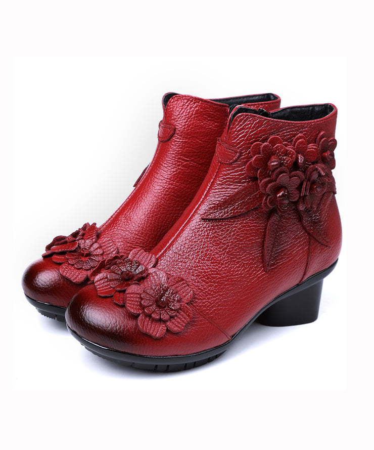 Red Chunky Cowhide Leather Comfy Floral Splicing Boots