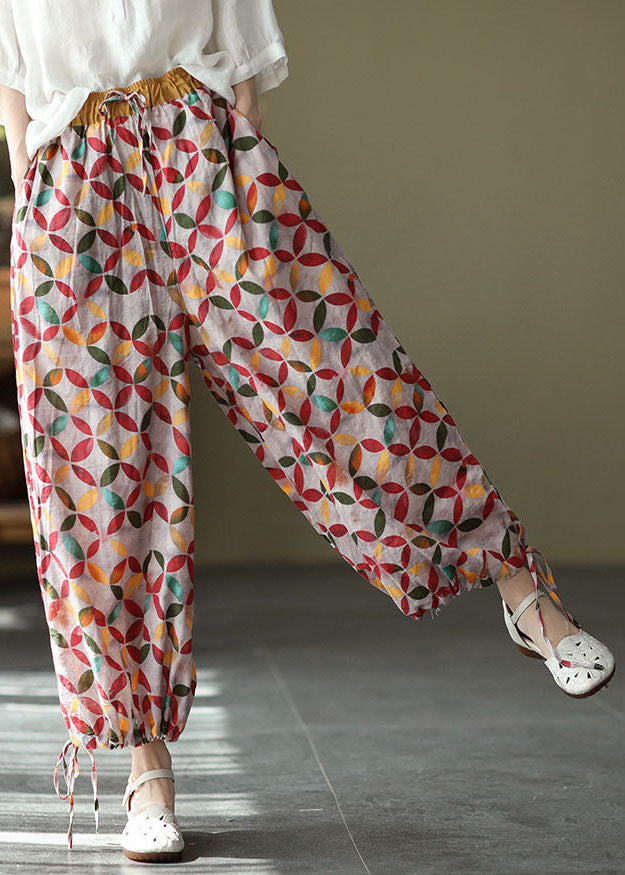 Red Colorblock Tie Waist Print Linen Pants Drawstring Summer