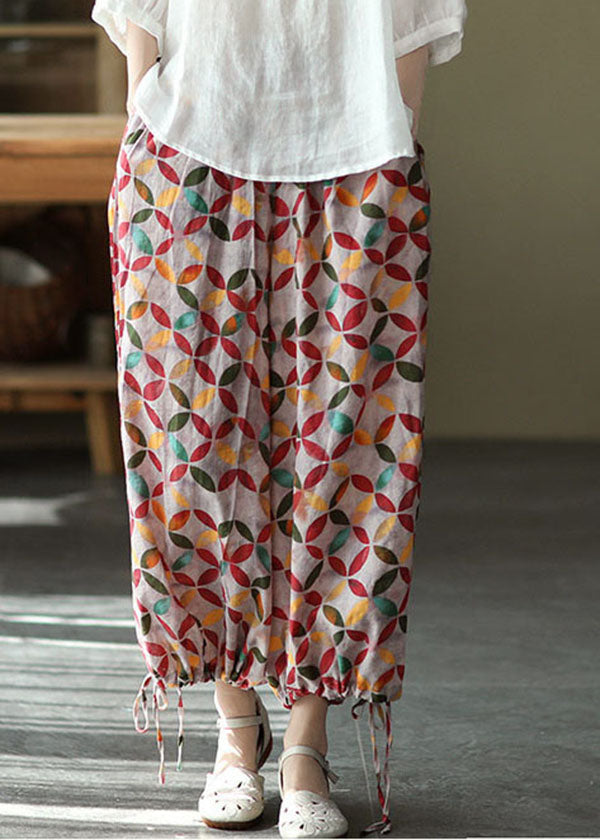 Red Colorblock Tie Waist Print Linen Pants Drawstring Summer