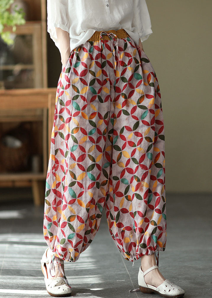 Red Colorblock Tie Waist Print Linen Pants Drawstring Summer