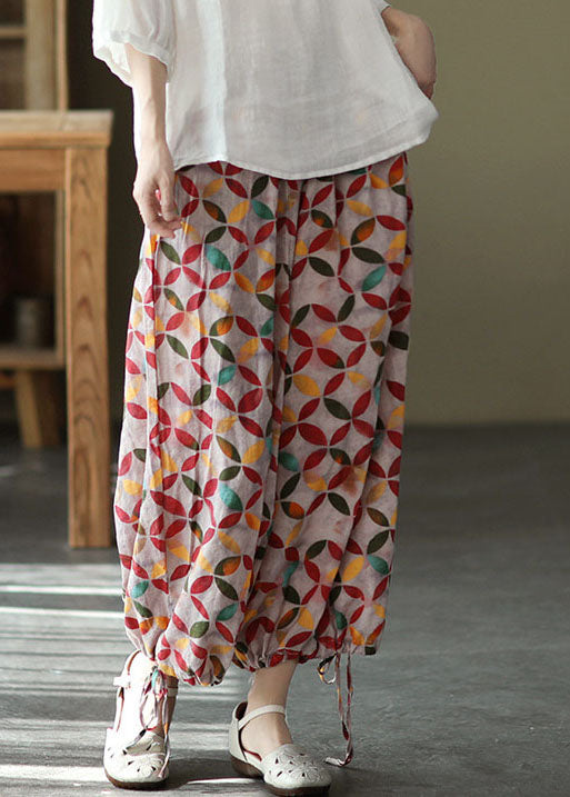 Red Colorblock Tie Waist Print Linen Pants Drawstring Summer