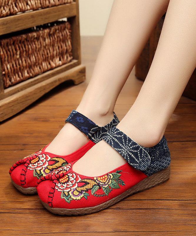 Red Cotton Embroideried Fabric Flat Shoes For Women Splicing Flats - bagstylebliss