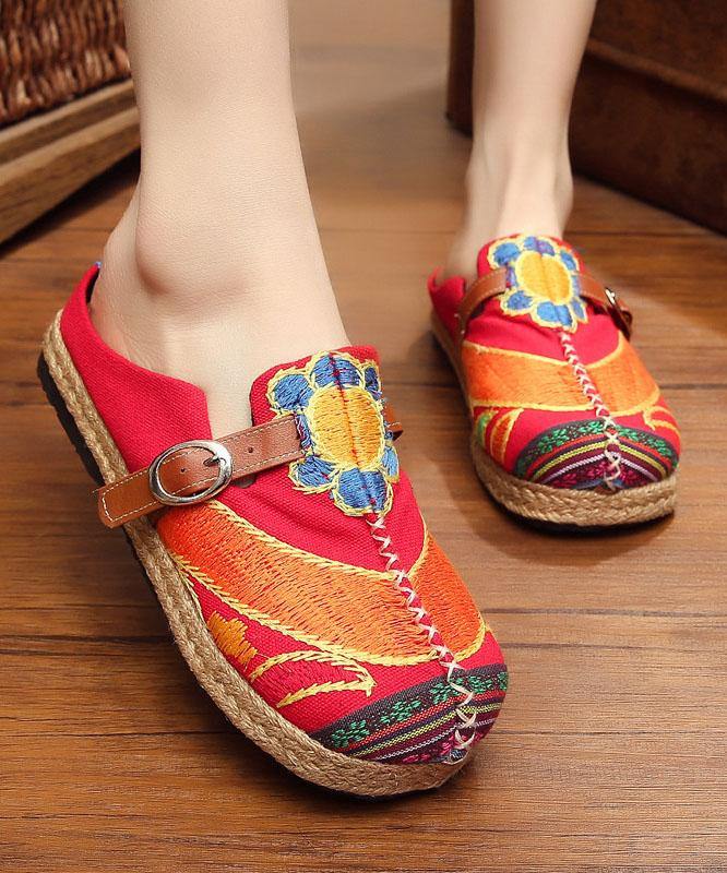 Red Cotton Linen Embroideried Fabric Vintage Buckle Strap Thong Sandals - bagstylebliss