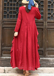 Red Cotton Maxi Dress Wrinkled Tie Waist Long Sleeve