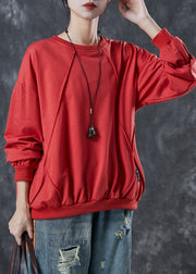 Red Cotton Sweatshirts Top Oversized Wrinkled Spring