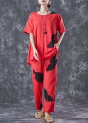 Red Cotton Two Pieces Set Oversized Feathers Print Summer