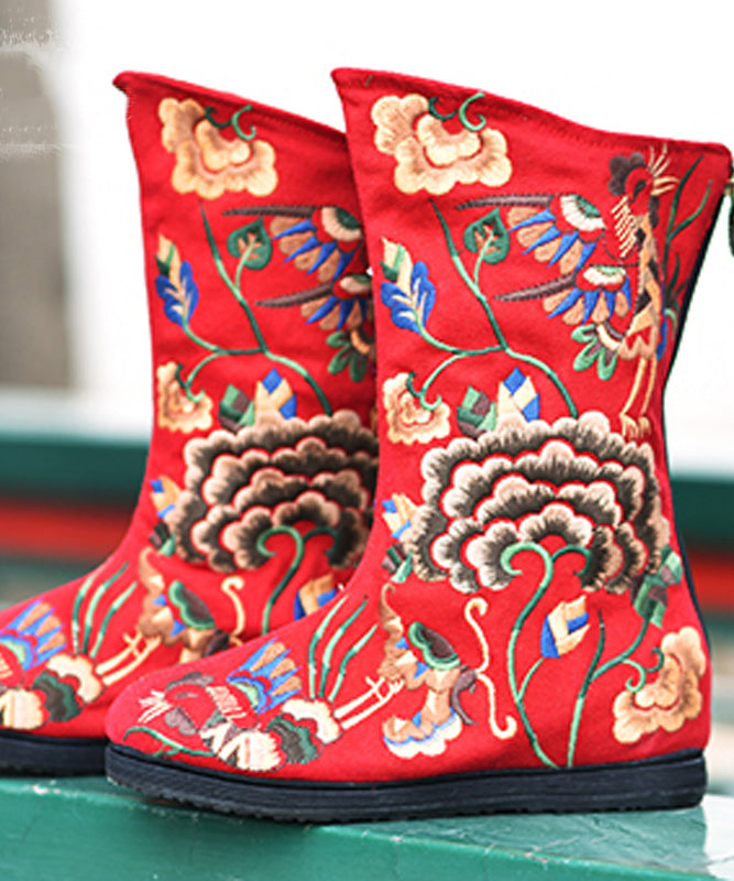 Red Cowgirl Boots Embroideried zippered Comfy Cotton Fabric Knee boots