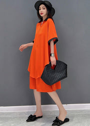 Orange Draping Chiffon Long Shirt And Shorts Women Sets 2 Pieces Peter Pan Collar Side Open Summer