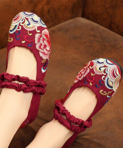 Red Embroideried Cotton Linen Fabric Flat Shoes Lace Up Flat Shoes - bagstylebliss