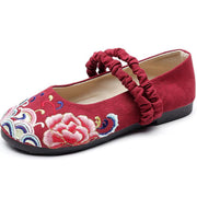 Red Embroideried Cotton Linen Fabric Flat Shoes Lace Up Flat Shoes - bagstylebliss
