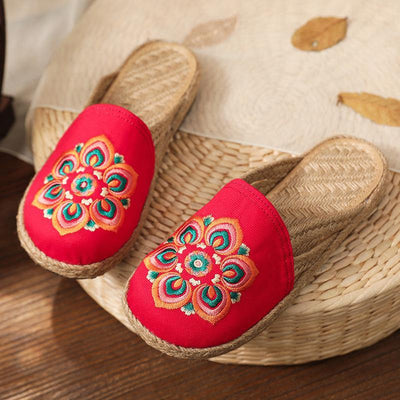 Red Embroideried Cotton Linen Fabric Slippers Shoes - bagstylebliss
