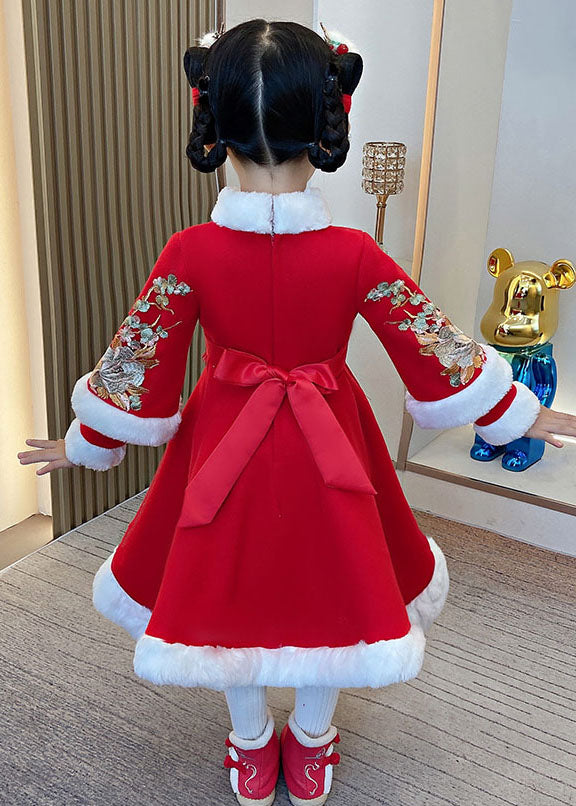 Red Embroidered Fur Collar Thick Kids Maxi Dresses Long Sleeve