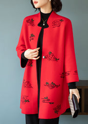 Red Embroidered Stand Collar Patchwork Wool Coats Stand Collar Long Sleeve