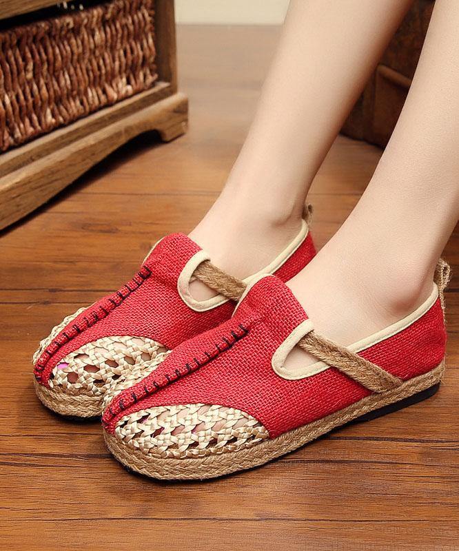 Red Flat Feet Shoes Linen Fabric Casual Hollow Out Flats - bagstylebliss
