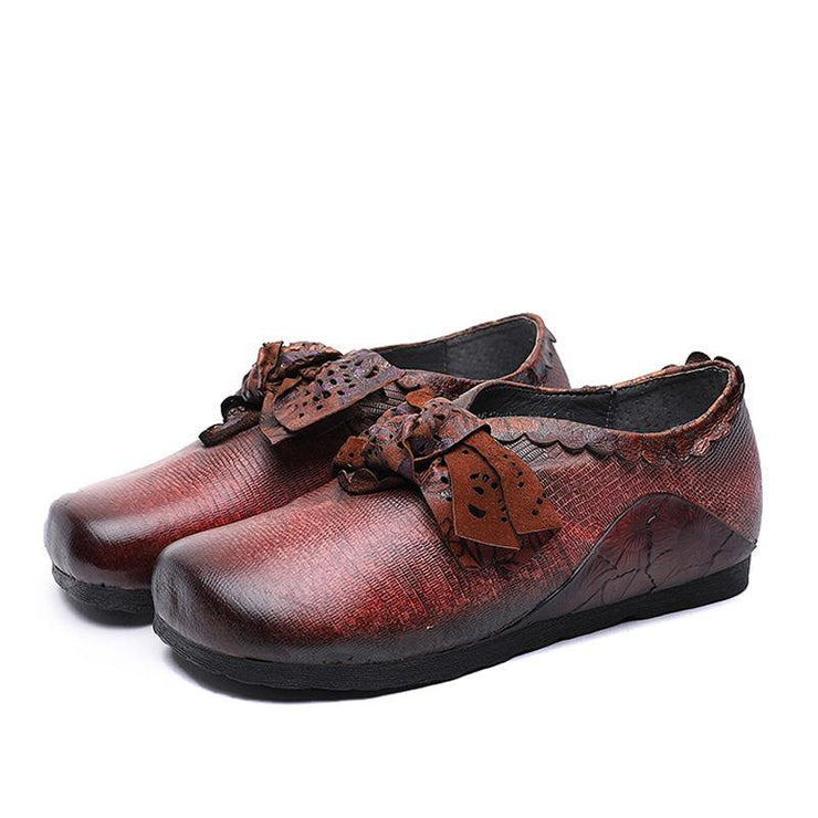 Red Flat Shoes Cowhide Leather Fashion Splicing Flat Shoes - bagstylebliss
