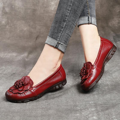 Red Floral Cowhide Leather Flat Shoes For Women  Flat - bagstylebliss