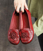 Red Floral Cowhide Leather Flat Shoes For Women  Flat - bagstylebliss