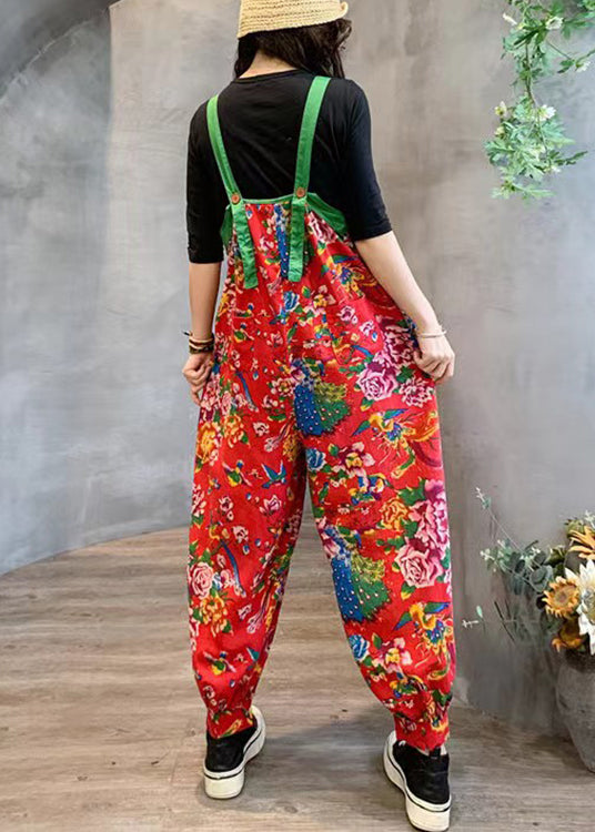 Red High Waist Patchwork Cotton Jumpsuits Pockets  Fall