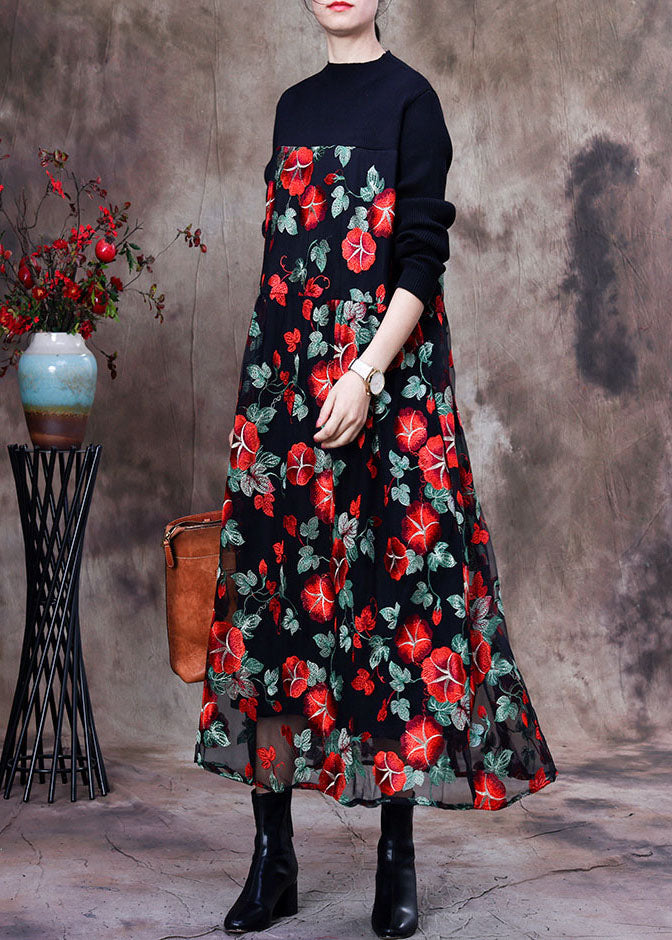 Red Knit Patchwork Long Dress Asymmetrical Spring