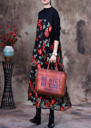 Red Knit Patchwork Long Dress Asymmetrical Spring