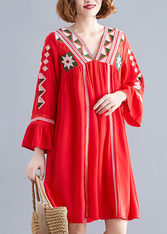 Red Loose Beach Dresses wrinkled Flare sleeve