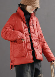 Red Loose Duck Down Puffer Jacket Chinese Button Winter