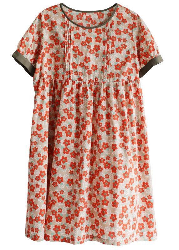 Red Loose O-Neck Print Summer Cotton Sundress Short Sleeve - bagstylebliss