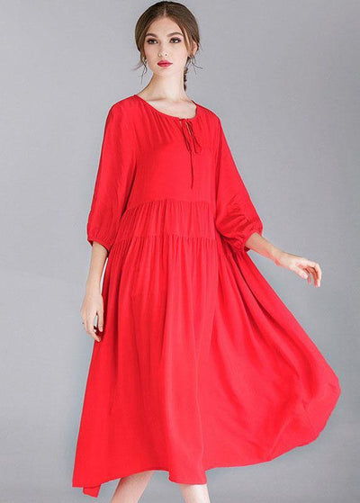 Red Loose Wrinkled Spring Holiday Dress Three Quarter Sleeve - bagstylebliss