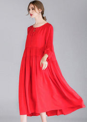 Red Loose Wrinkled Spring Holiday Dress Three Quarter Sleeve - bagstylebliss