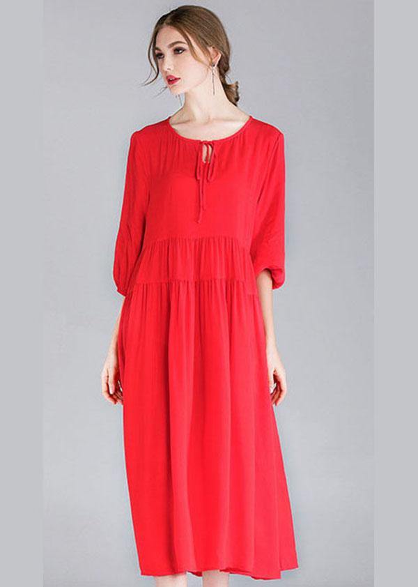 Red Loose Wrinkled Spring Holiday Dress Three Quarter Sleeve - bagstylebliss