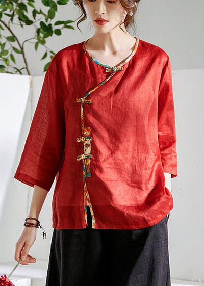 Red Oriental O-Neck Summer Ramie Shirts - bagstylebliss