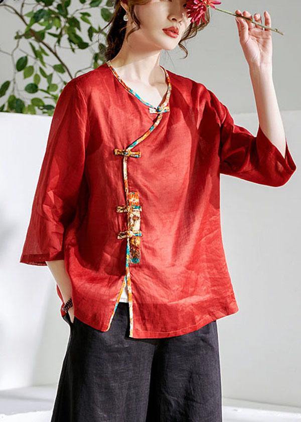 Red Oriental O-Neck Summer Ramie Shirts - bagstylebliss