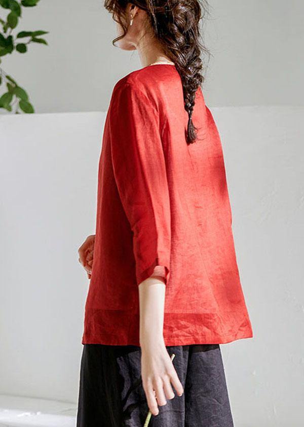 Red Oriental O-Neck Summer Ramie Shirts - bagstylebliss