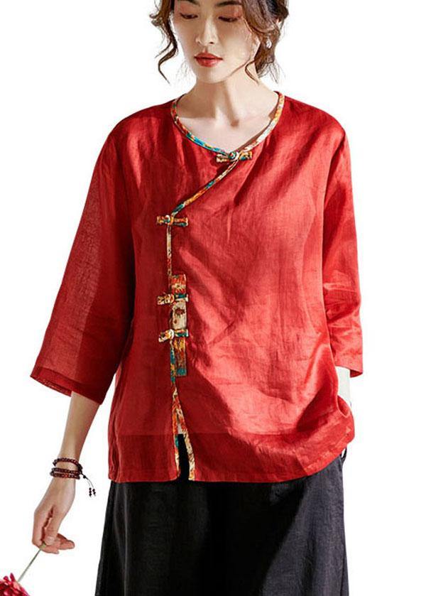 Red Oriental O-Neck Summer Ramie Shirts - bagstylebliss