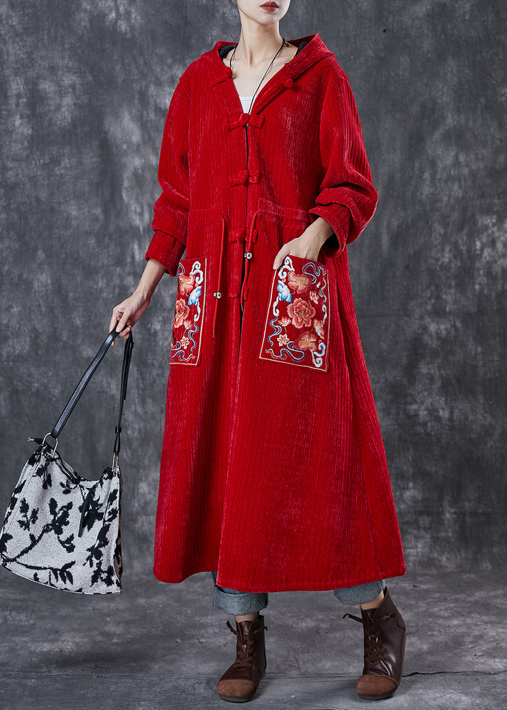 Red Oriental Warm Fleece Corduroy Trench Coat Embroidered Winter