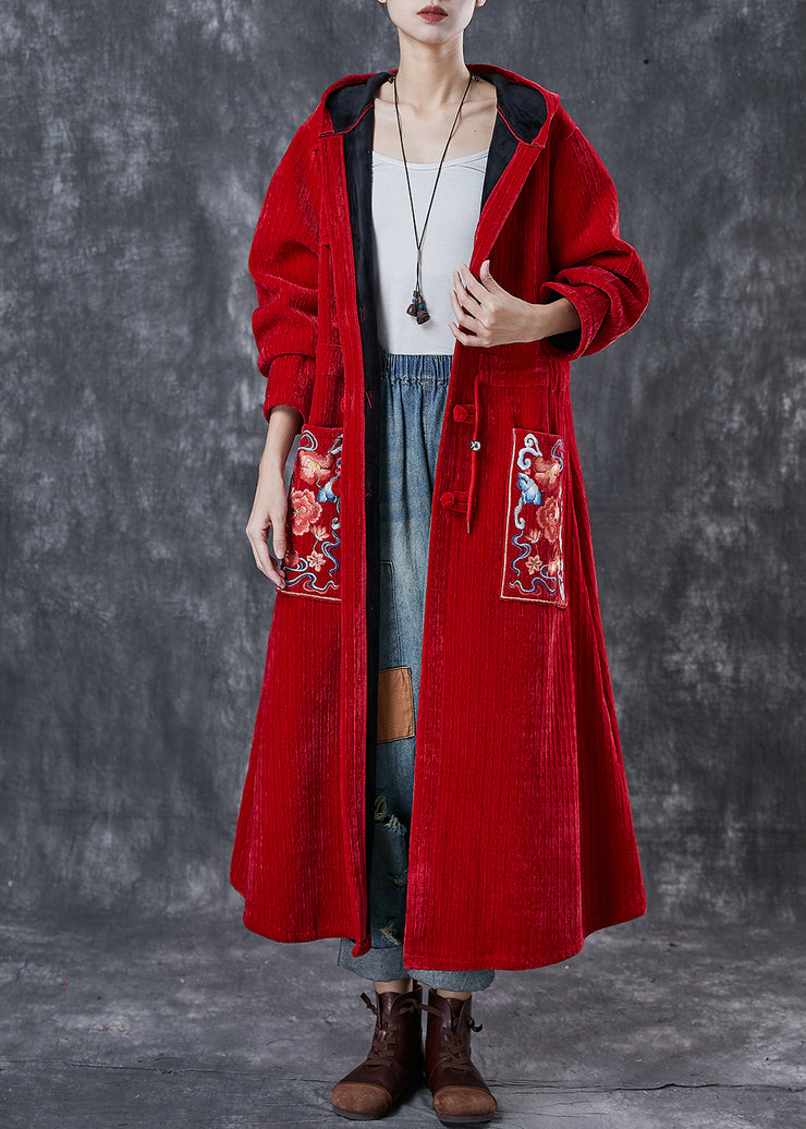 Red Oriental Warm Fleece Corduroy Trench Coat Embroidered Winter