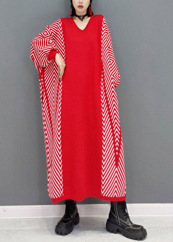 Red Patchwork Knit Loose Holiday Dress Spring