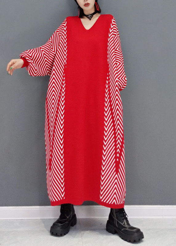 Red Patchwork Knit Loose Holiday Dress Spring