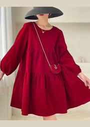 Red Patchwork Velour Mini Dress Puff Sleeve Spring