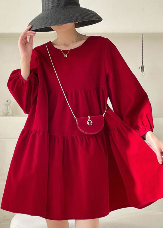 Red Patchwork Velour Mini Dress Puff Sleeve Spring