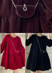 Red Patchwork Velour Mini Dress Puff Sleeve Spring